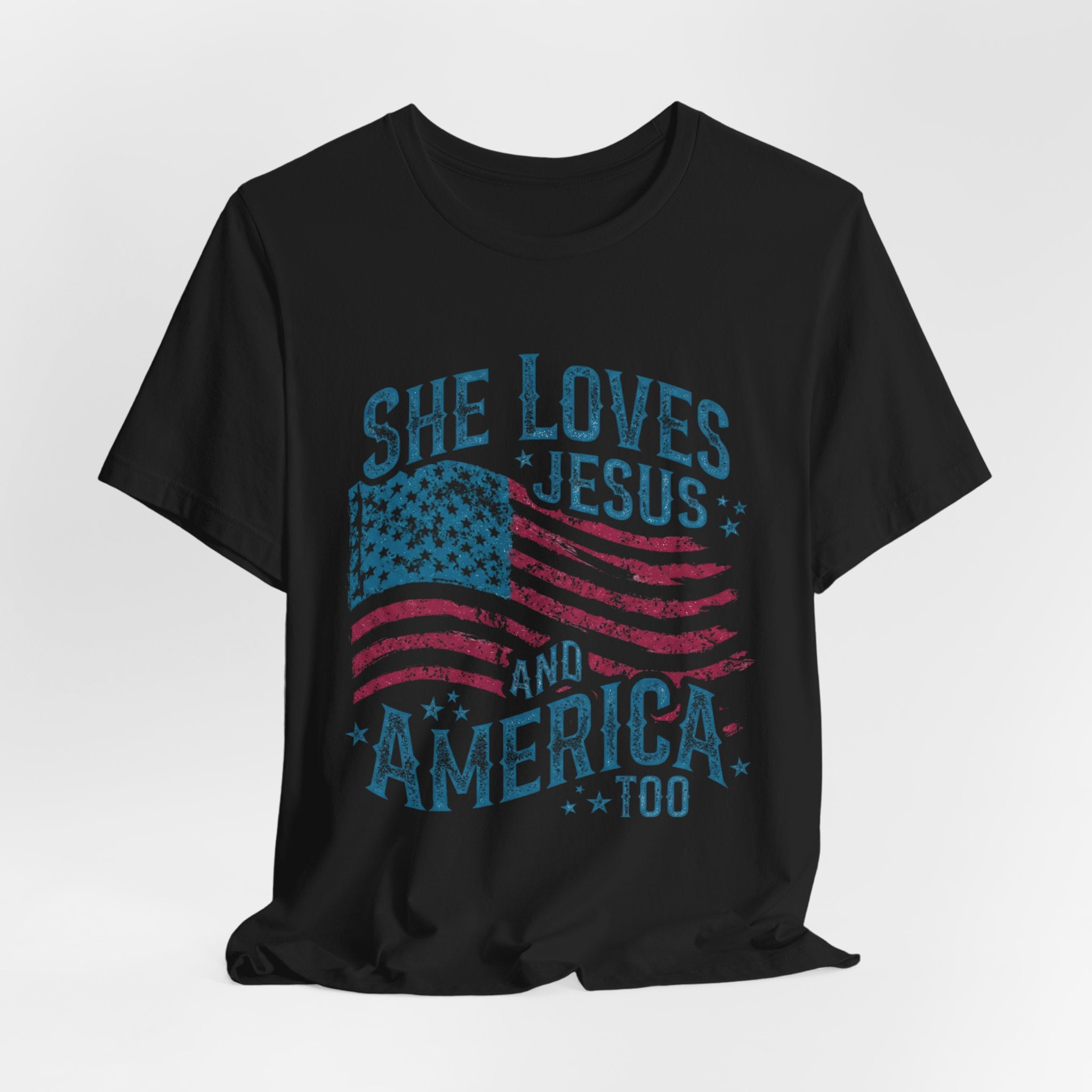 She Loves Jesus and America Tee | American Flag Patriotic Religious Shirt