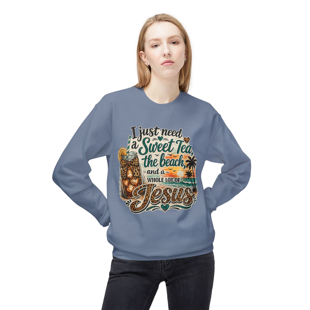 I Just Need Sweet Tea the Beach and a Whole Lot of Jesus Sweatshirt | Beach Faith Crewneck