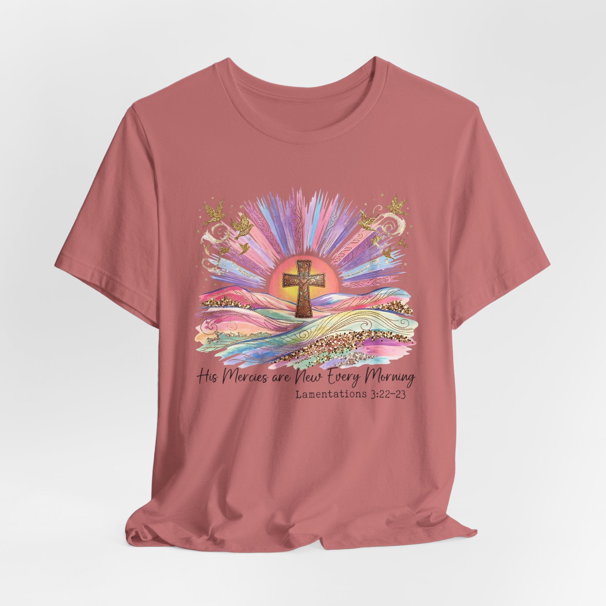 Christian Cross Sunrise T-Shirt — "His Mercies Are New Every Morning" (Lamentations 3:22-23)
