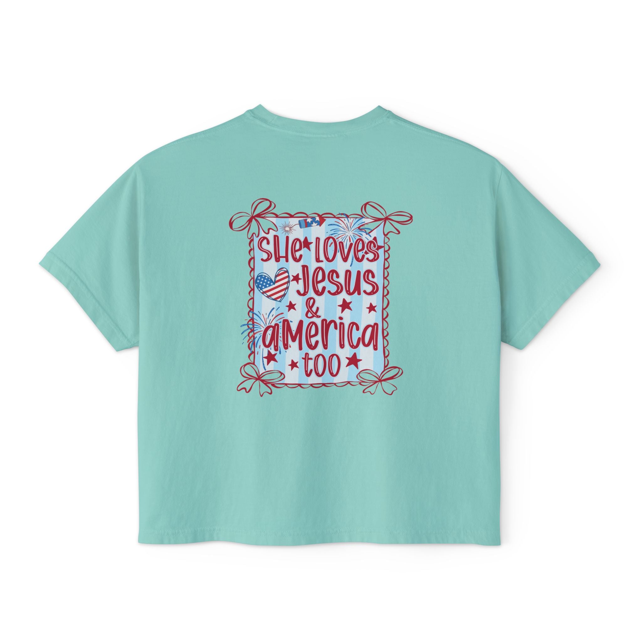 She Loves Jesus & America Too Boxy Tee — Patriotic Christian Women's Crop Shirt