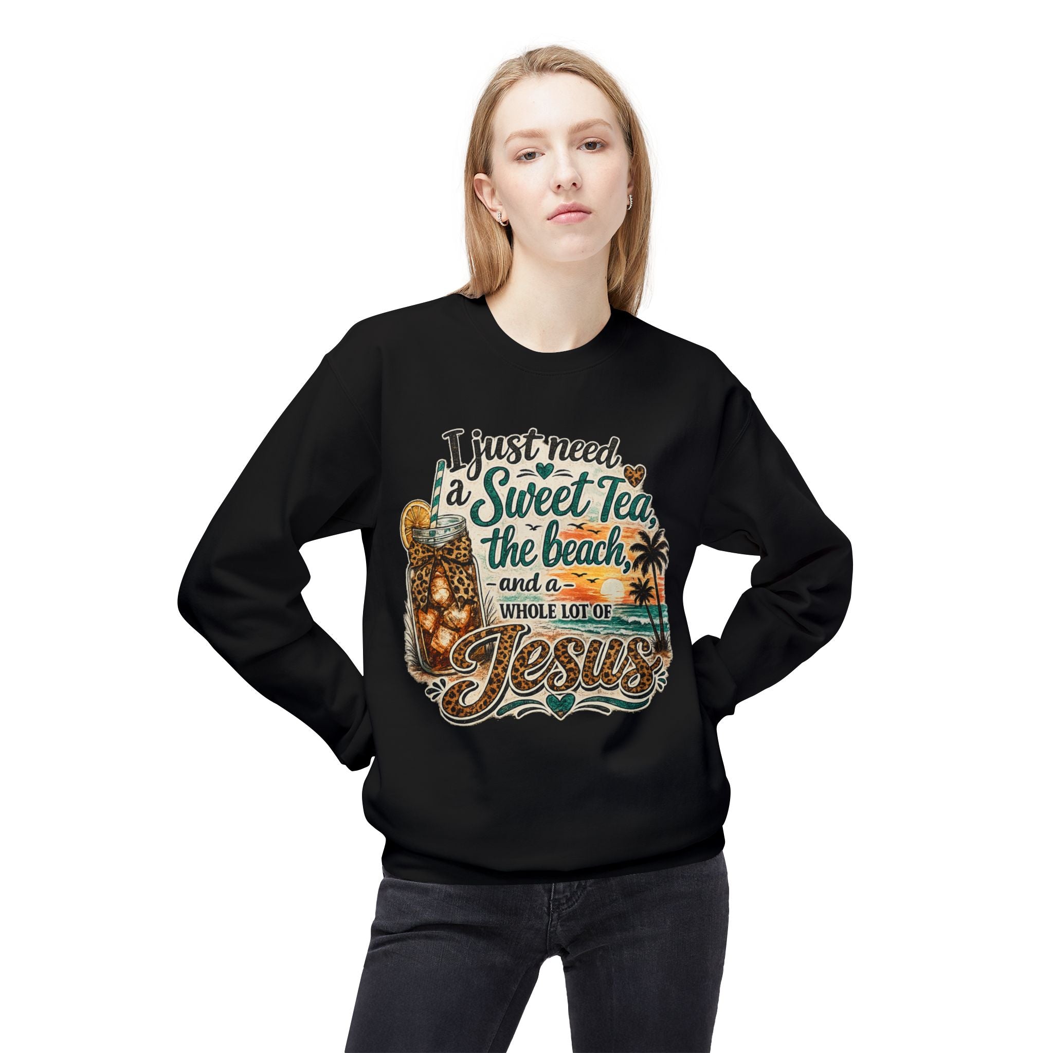 I Just Need Sweet Tea the Beach and a Whole Lot of Jesus Sweatshirt | Beach Faith Crewneck