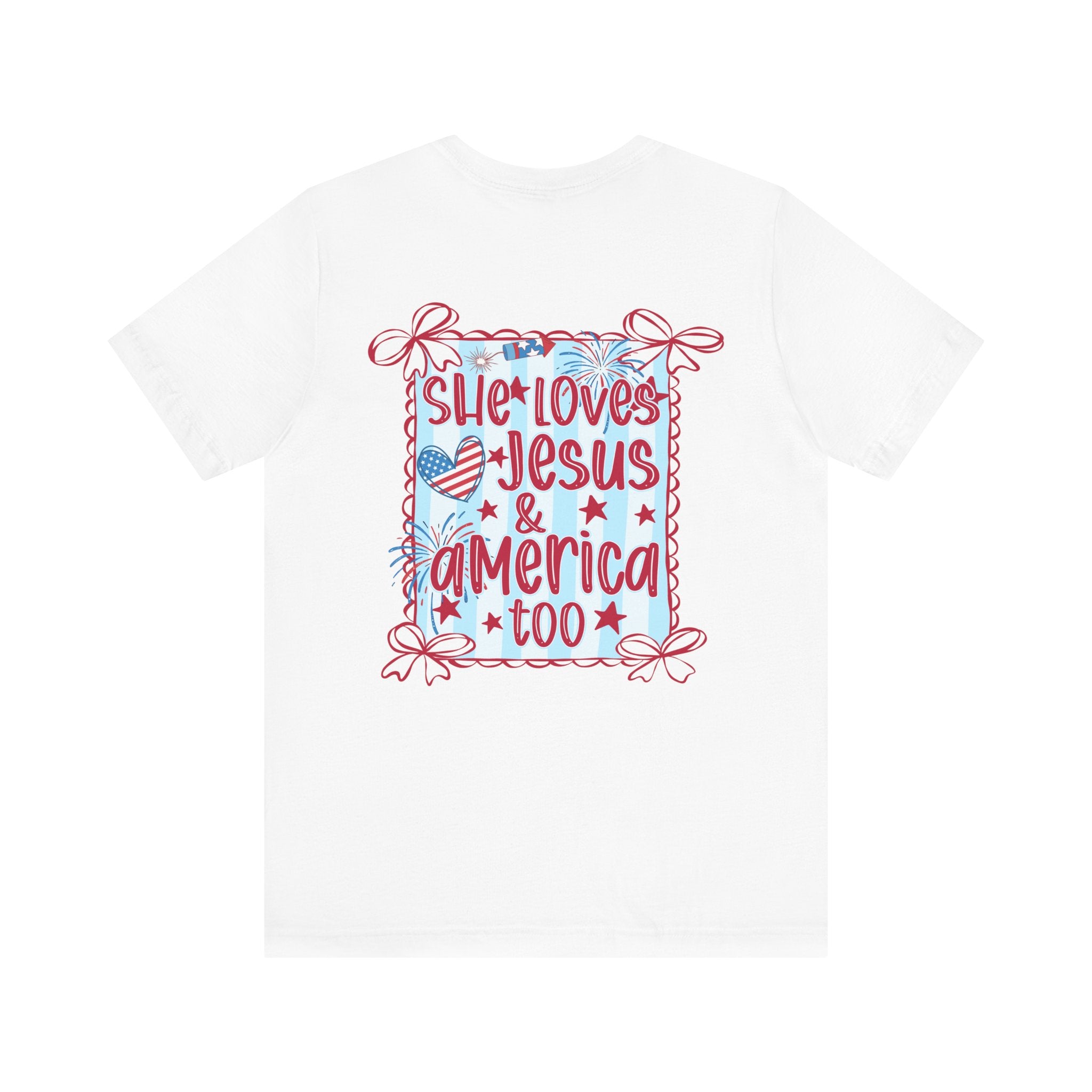 She Loves Jesus & America Too T-Shirt — Patriotic Faith Graphic Tee