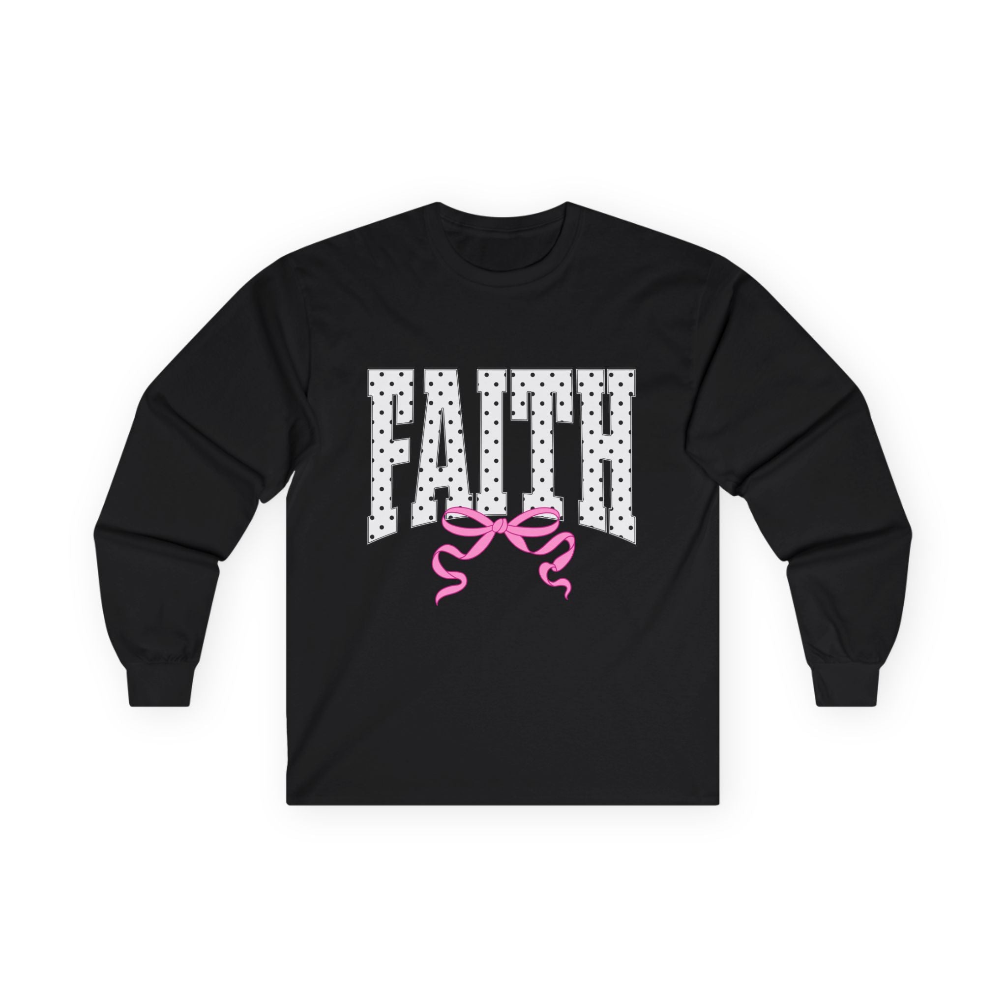 Faith Long Sleeve Tee — Polka Dot Faith Graphic with Pink Bow