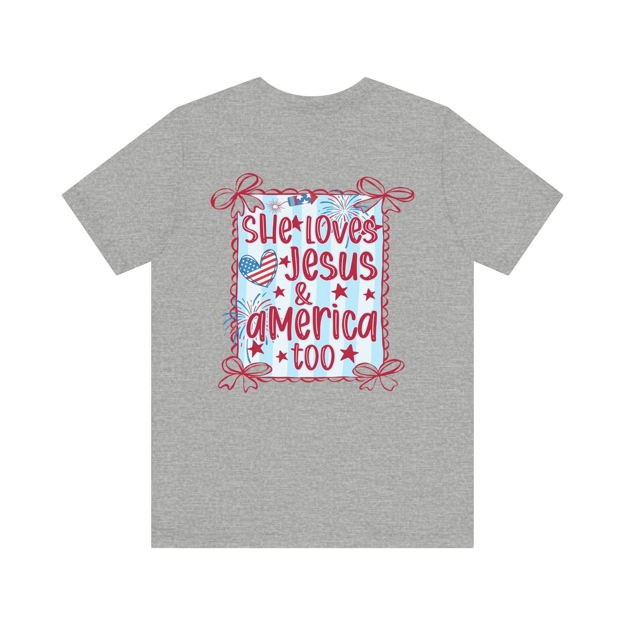 She Loves Jesus & America Too T-Shirt — Patriotic Faith Graphic Tee
