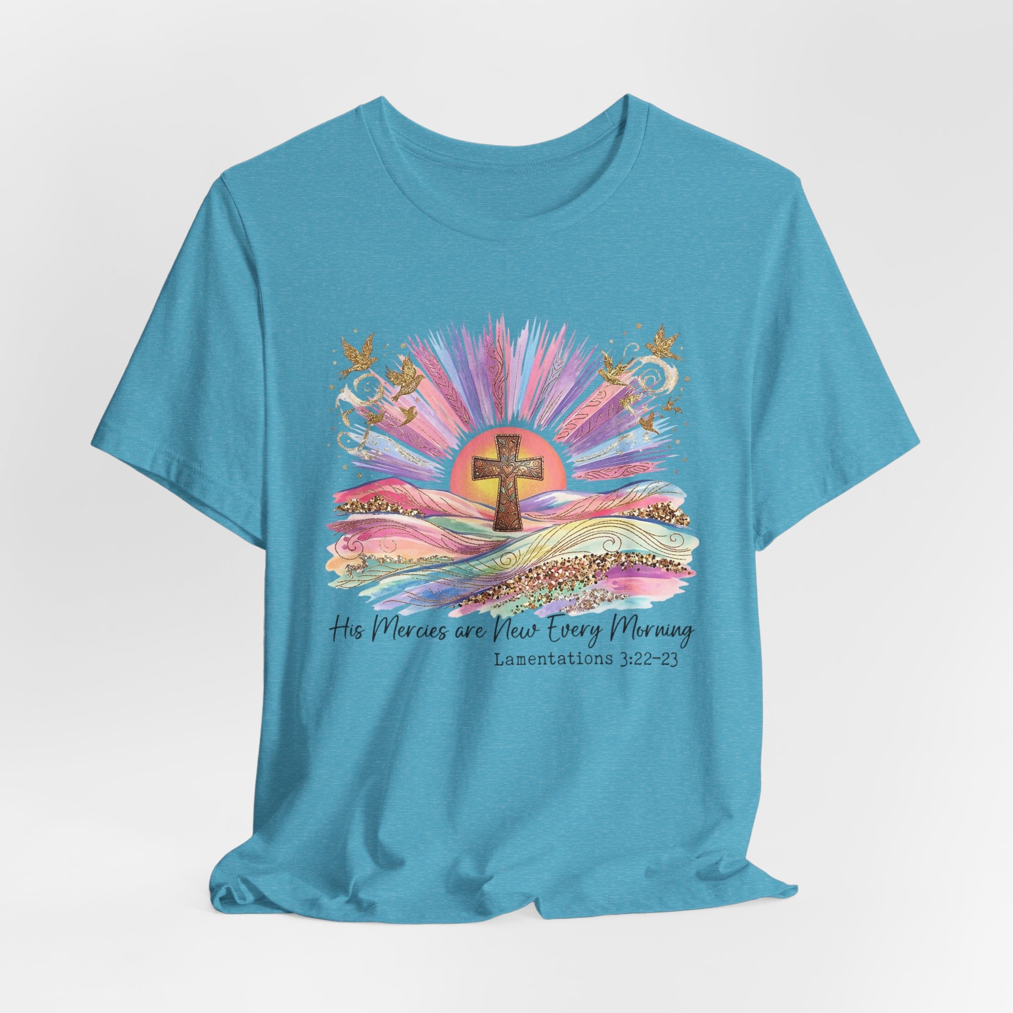 Christian Cross Sunrise T-Shirt — "His Mercies Are New Every Morning" (Lamentations 3:22-23)