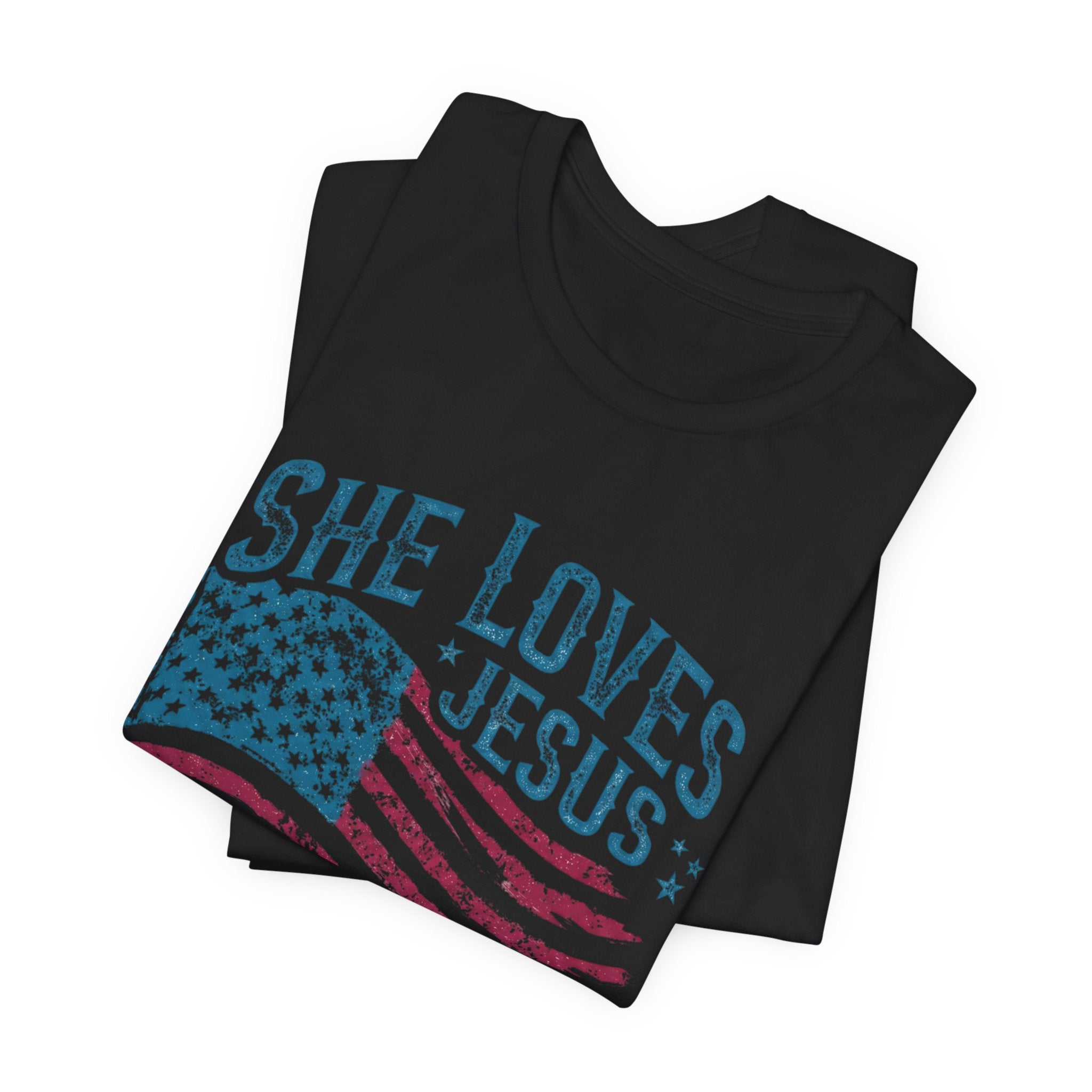 She Loves Jesus and America Tee | American Flag Patriotic Religious Shirt