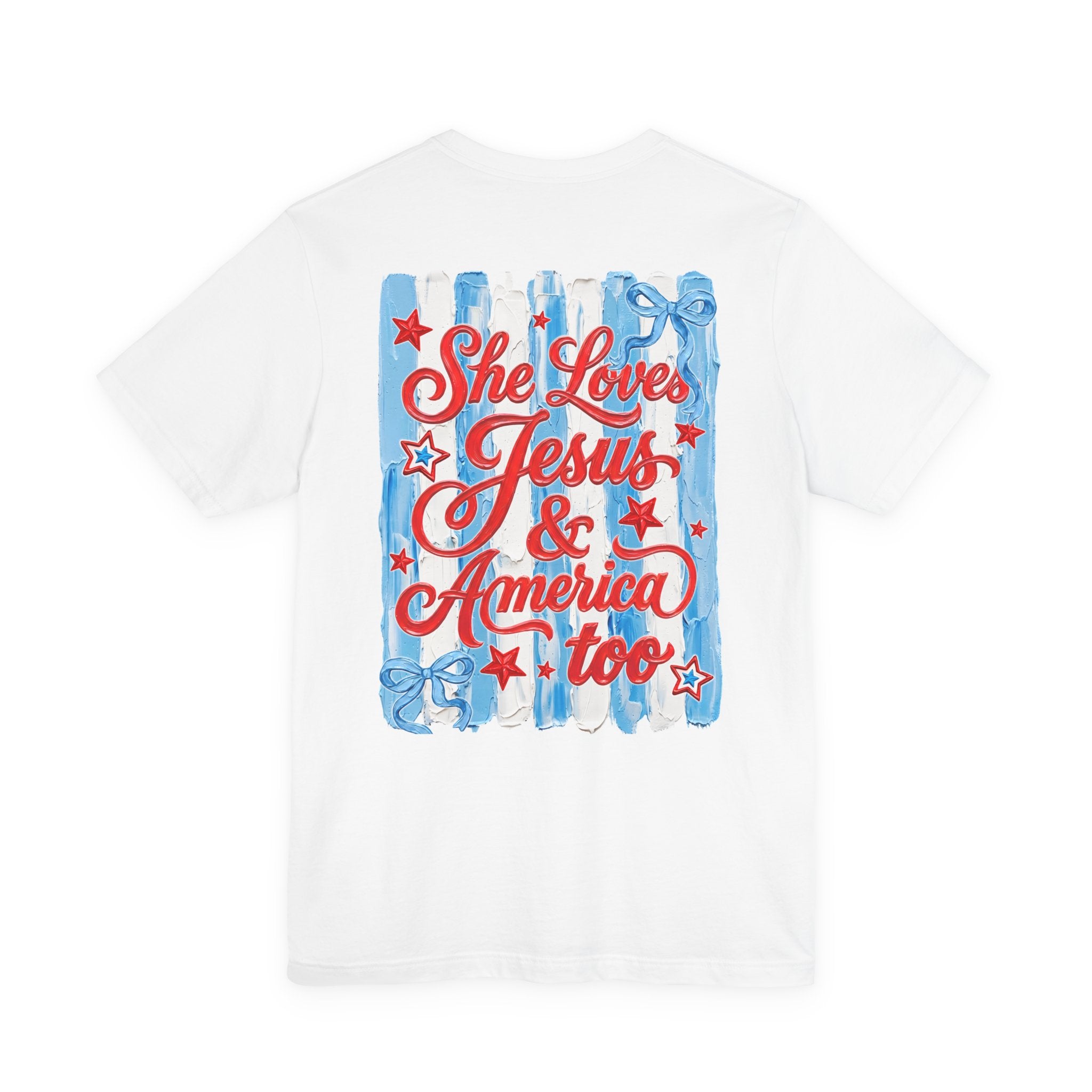 She Loves Jesus & America Too Tee — Patriotic Christian Graphic T-Shirt