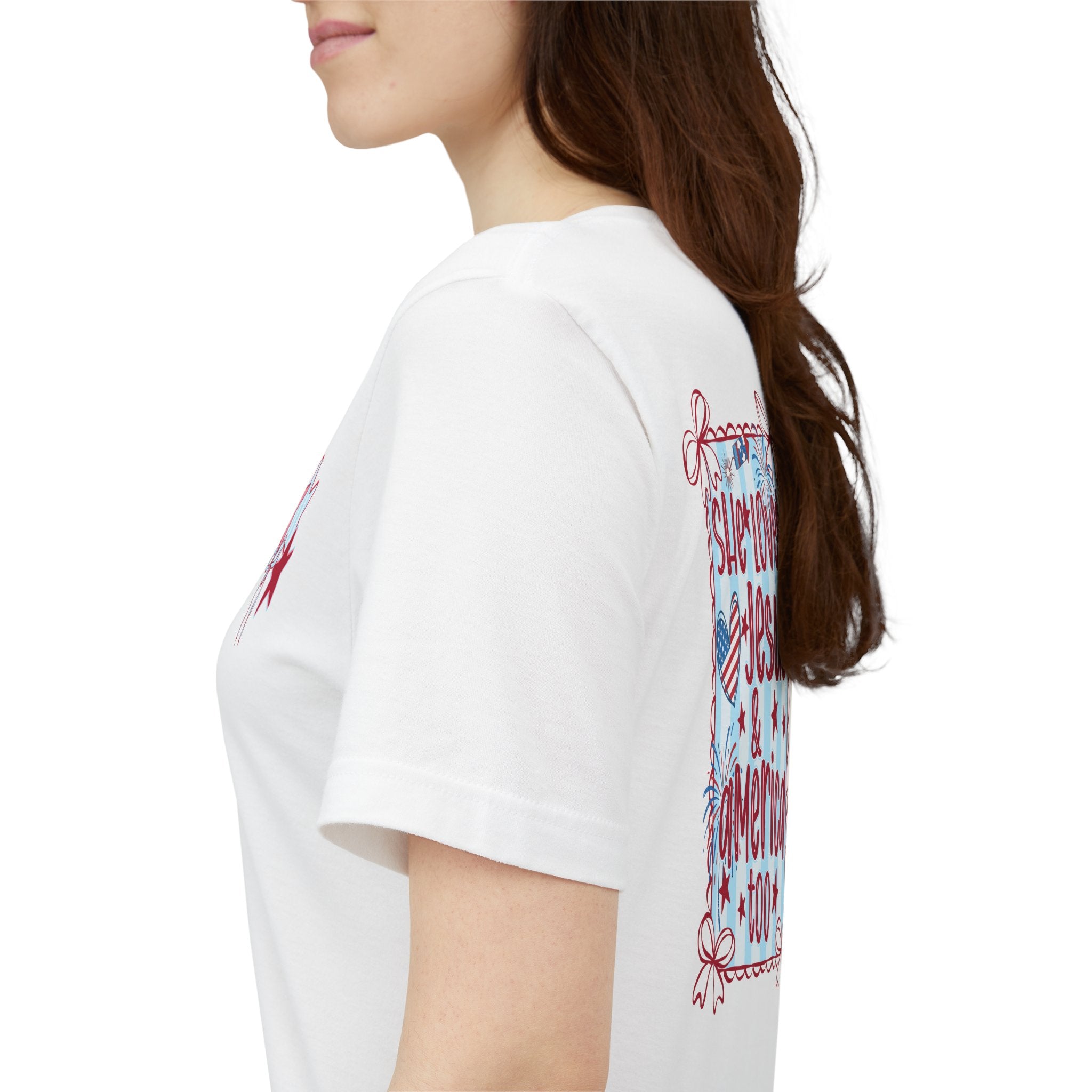 She Loves Jesus & America Too T-Shirt — Patriotic Faith Graphic Tee