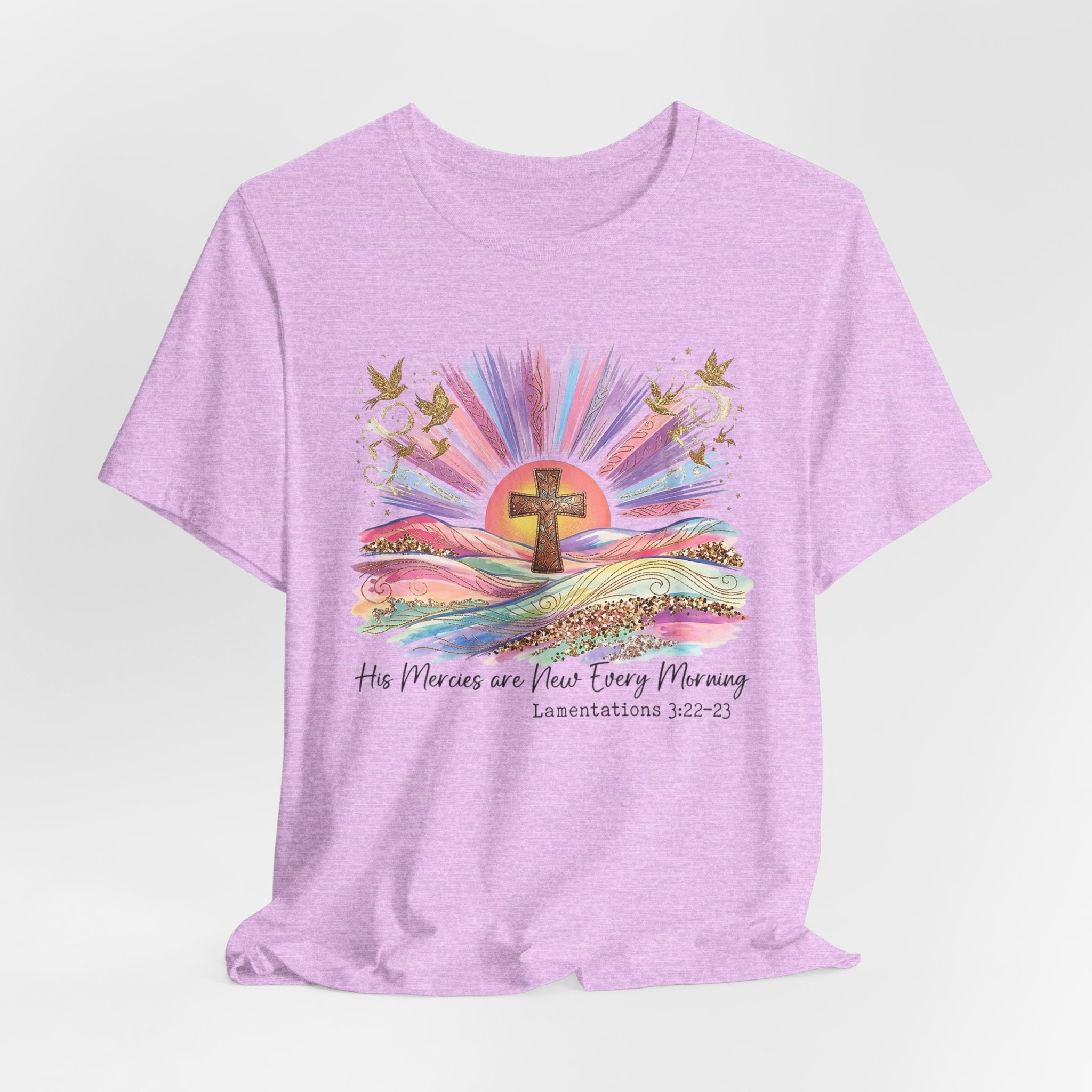 Christian Cross Sunrise T-Shirt — "His Mercies Are New Every Morning" (Lamentations 3:22-23)