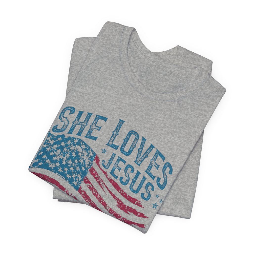 She Loves Jesus and America Tee | American Flag Patriotic Religious Shirt