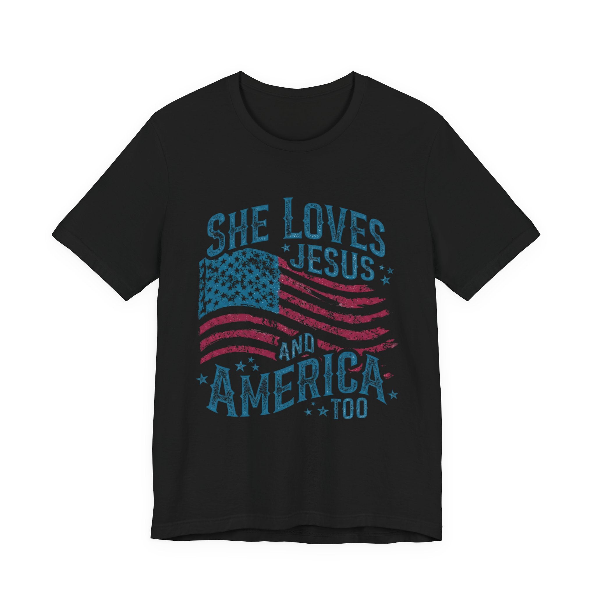 She Loves Jesus and America Tee | American Flag Patriotic Religious Shirt