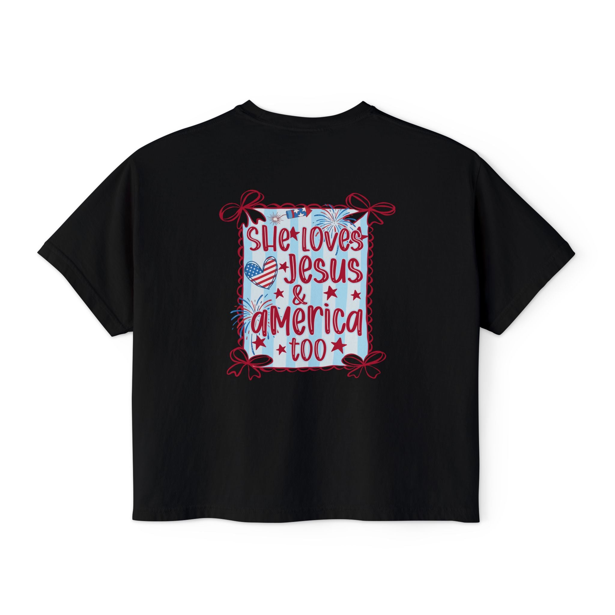 She Loves Jesus & America Too Boxy Tee — Patriotic Christian Women's Crop Shirt