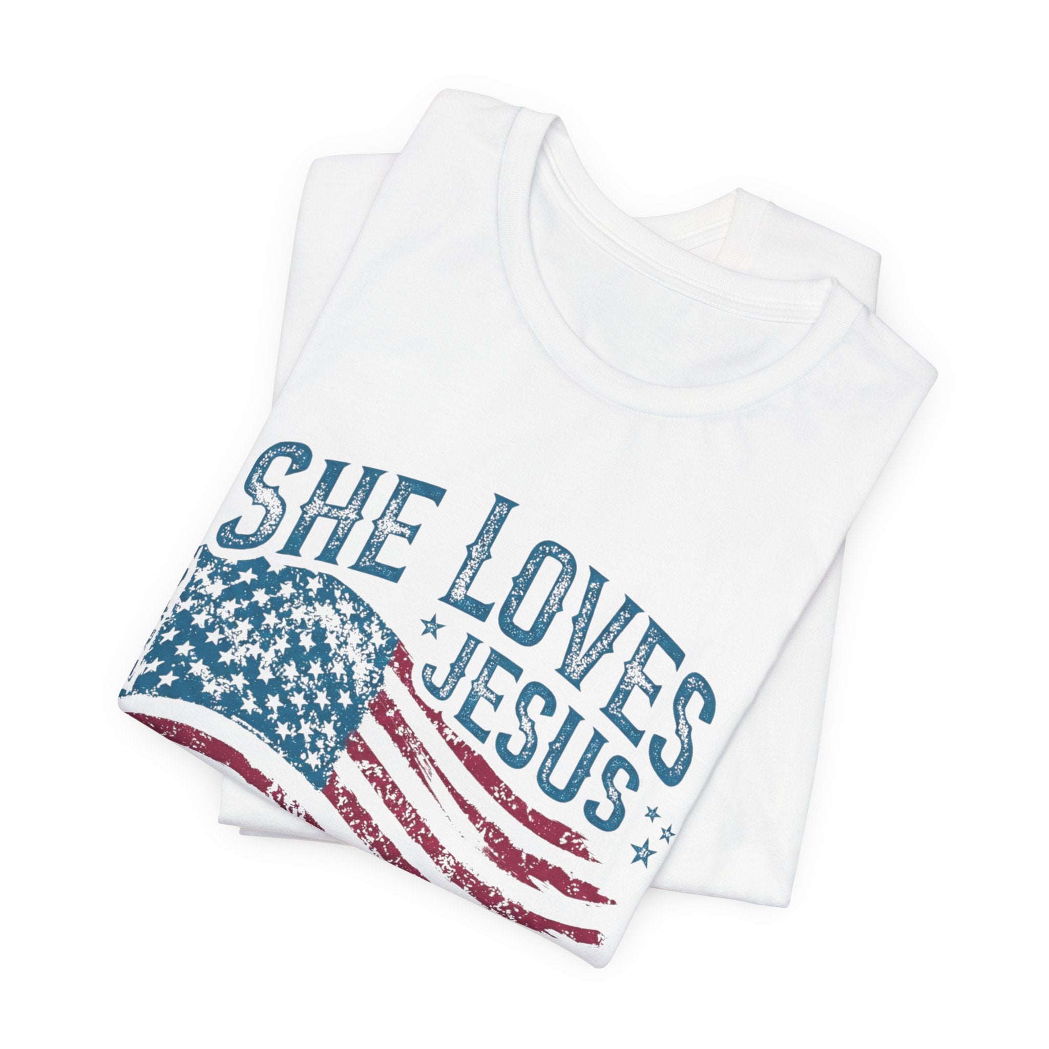 She Loves Jesus and America Tee | American Flag Patriotic Religious Shirt