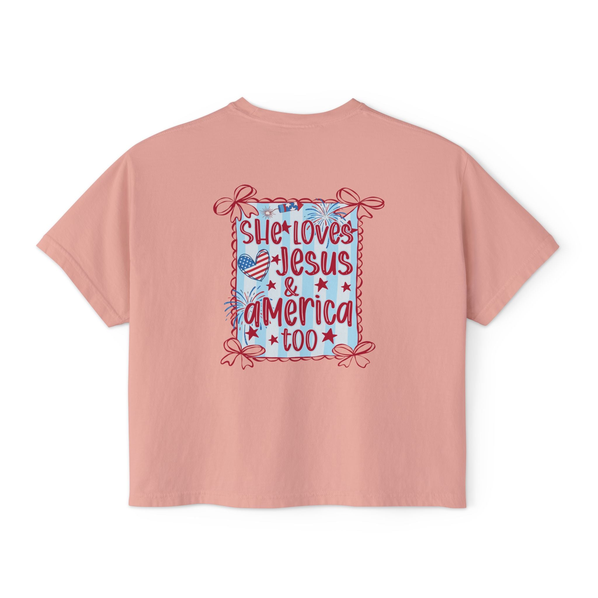 She Loves Jesus & America Too Boxy Tee — Patriotic Christian Women's Crop Shirt