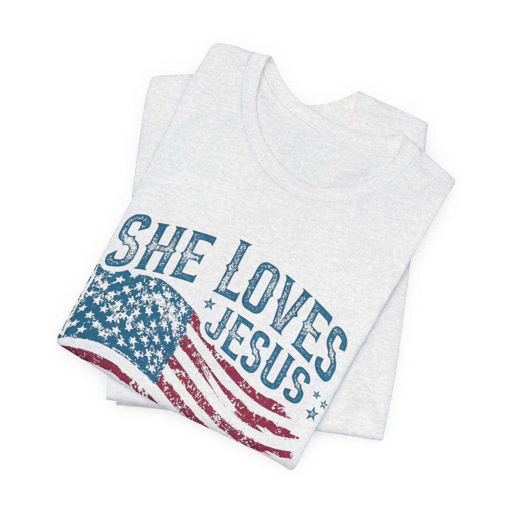 She Loves Jesus and America Tee | American Flag Patriotic Religious Shirt