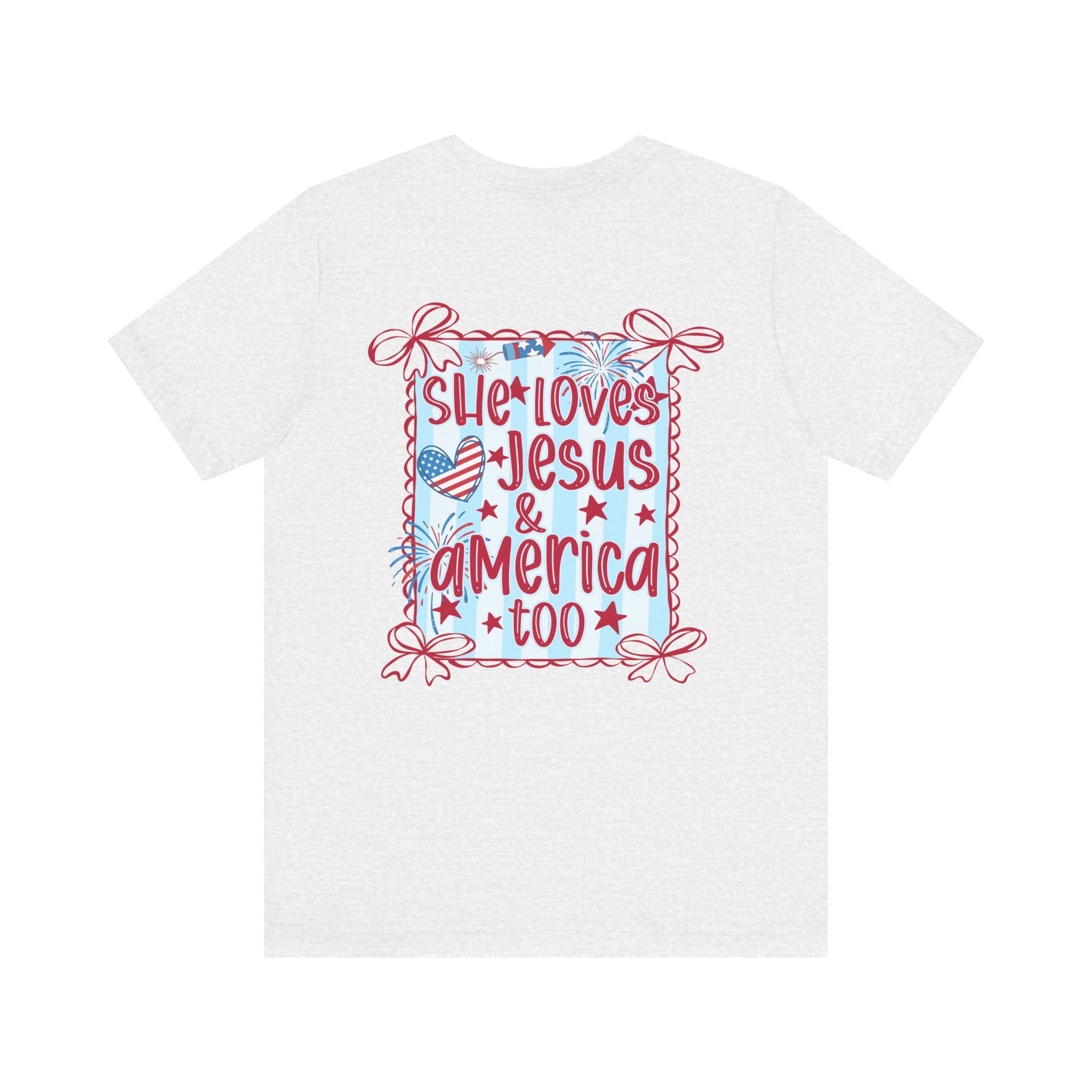She Loves Jesus & America Too T-Shirt — Patriotic Faith Graphic Tee