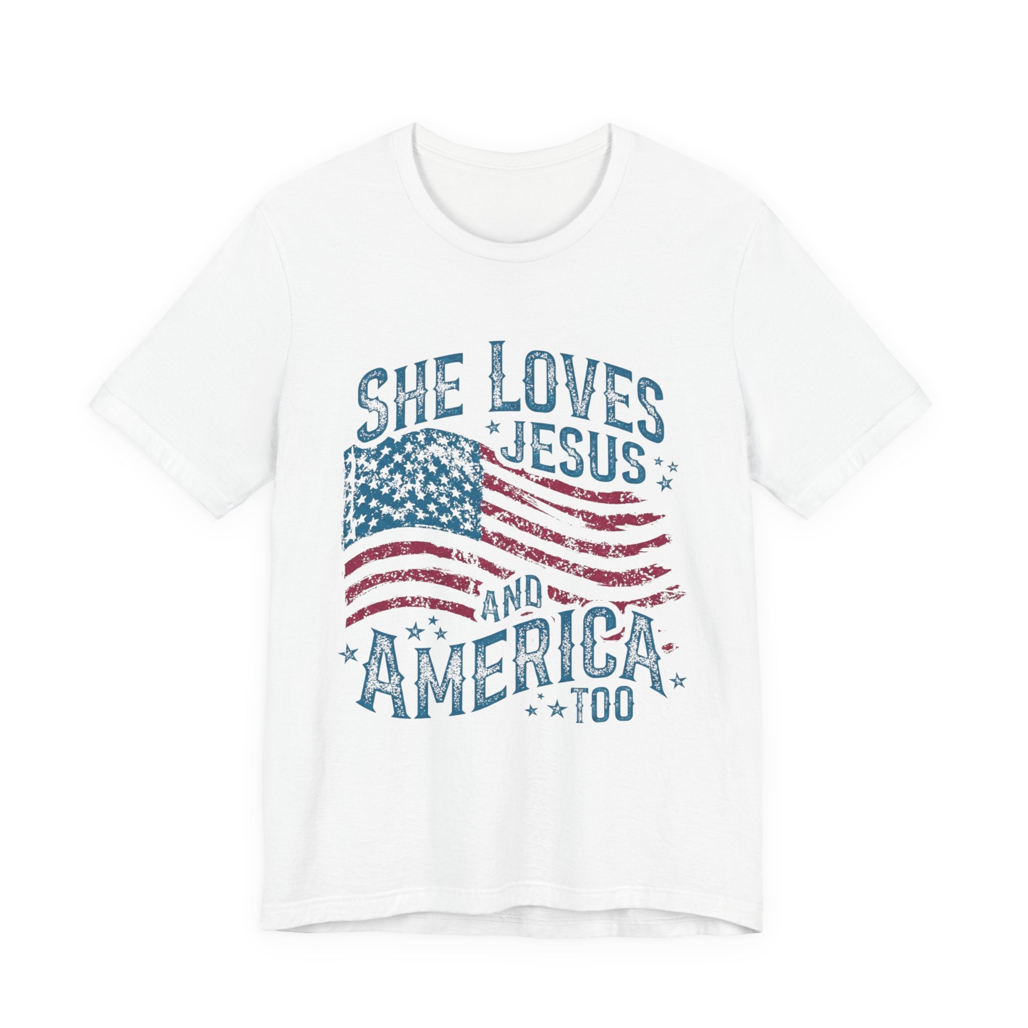 She Loves Jesus and America Tee | American Flag Patriotic Religious Shirt