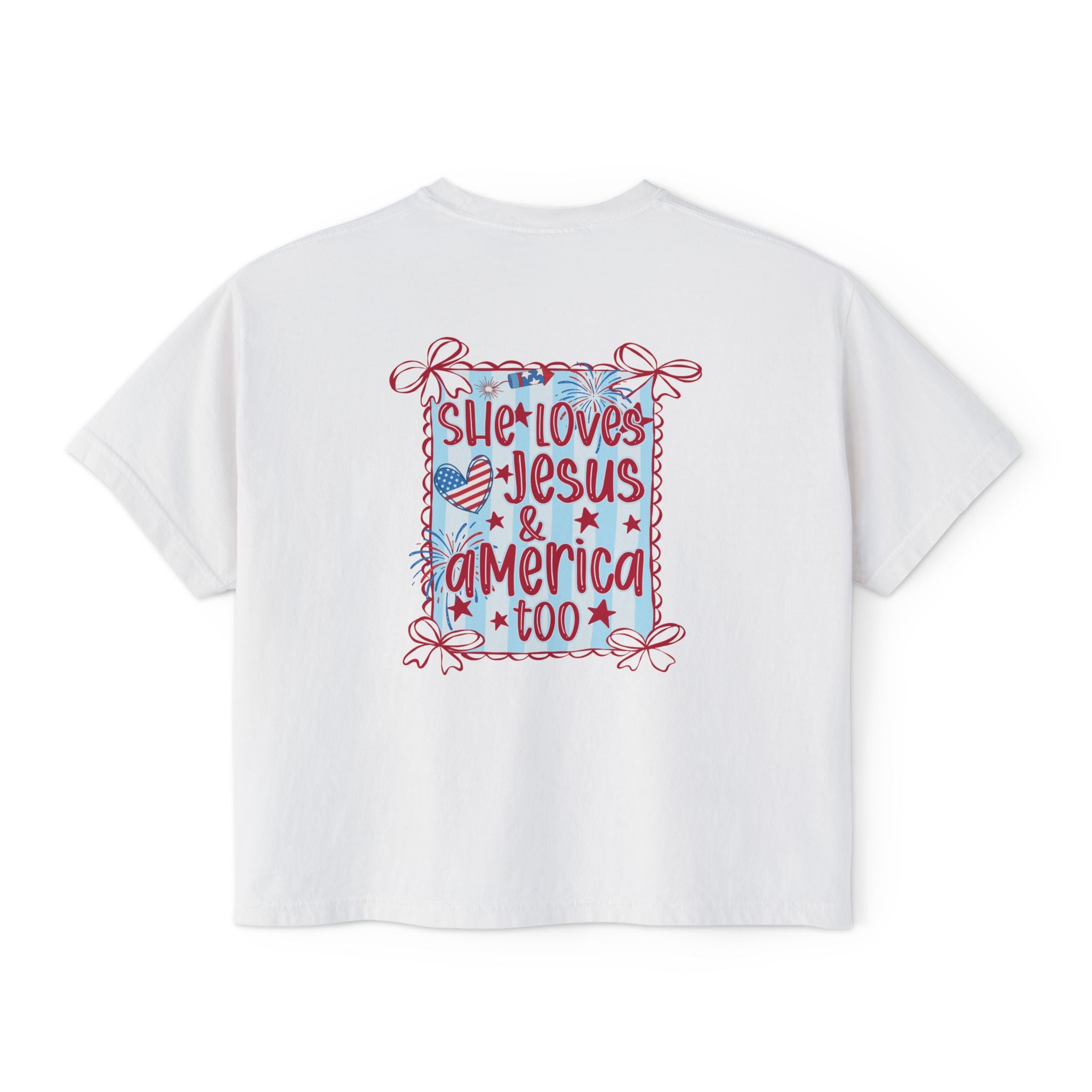 She Loves Jesus & America Too Boxy Tee — Patriotic Christian Women's Crop Shirt