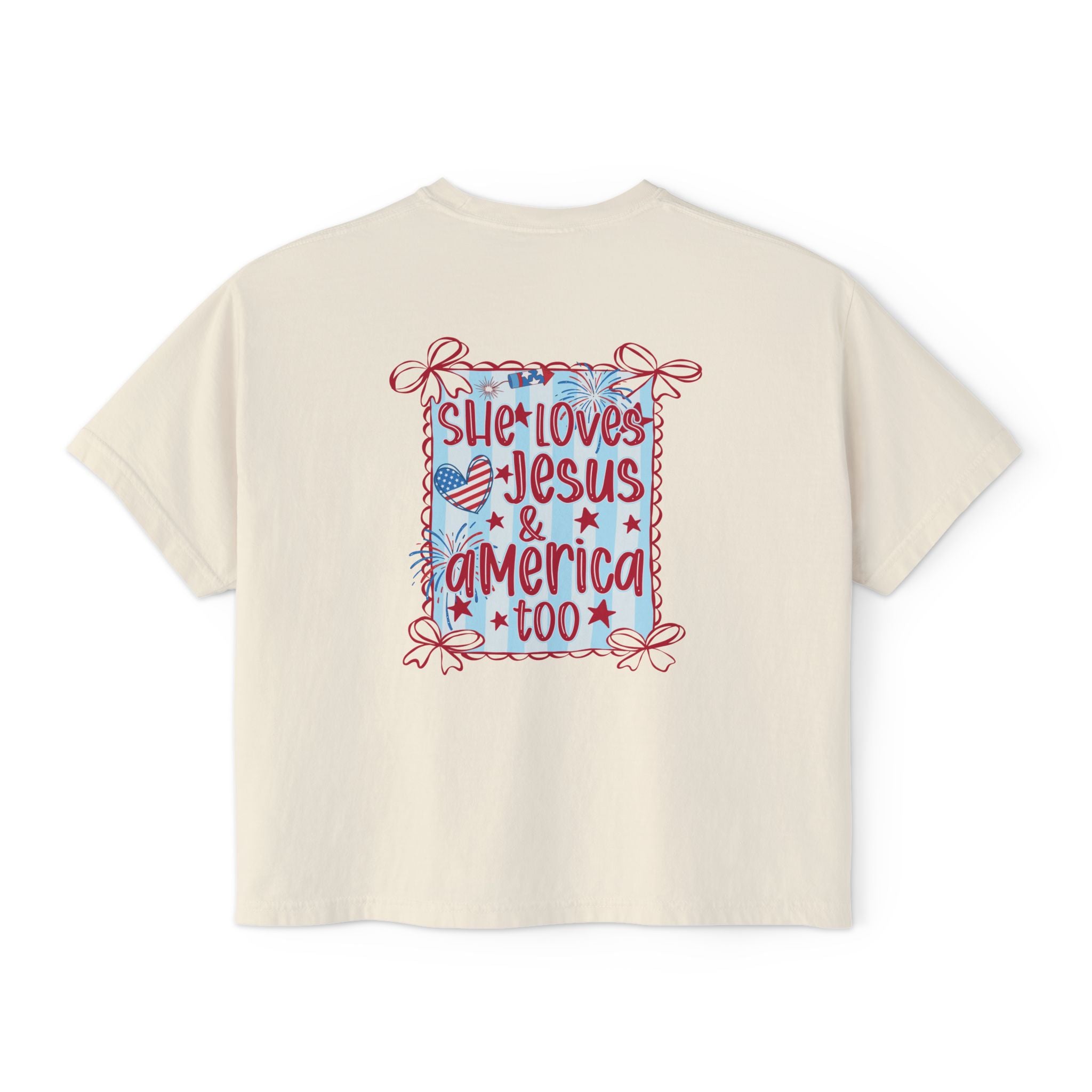 She Loves Jesus & America Too Boxy Tee — Patriotic Christian Women's Crop Shirt
