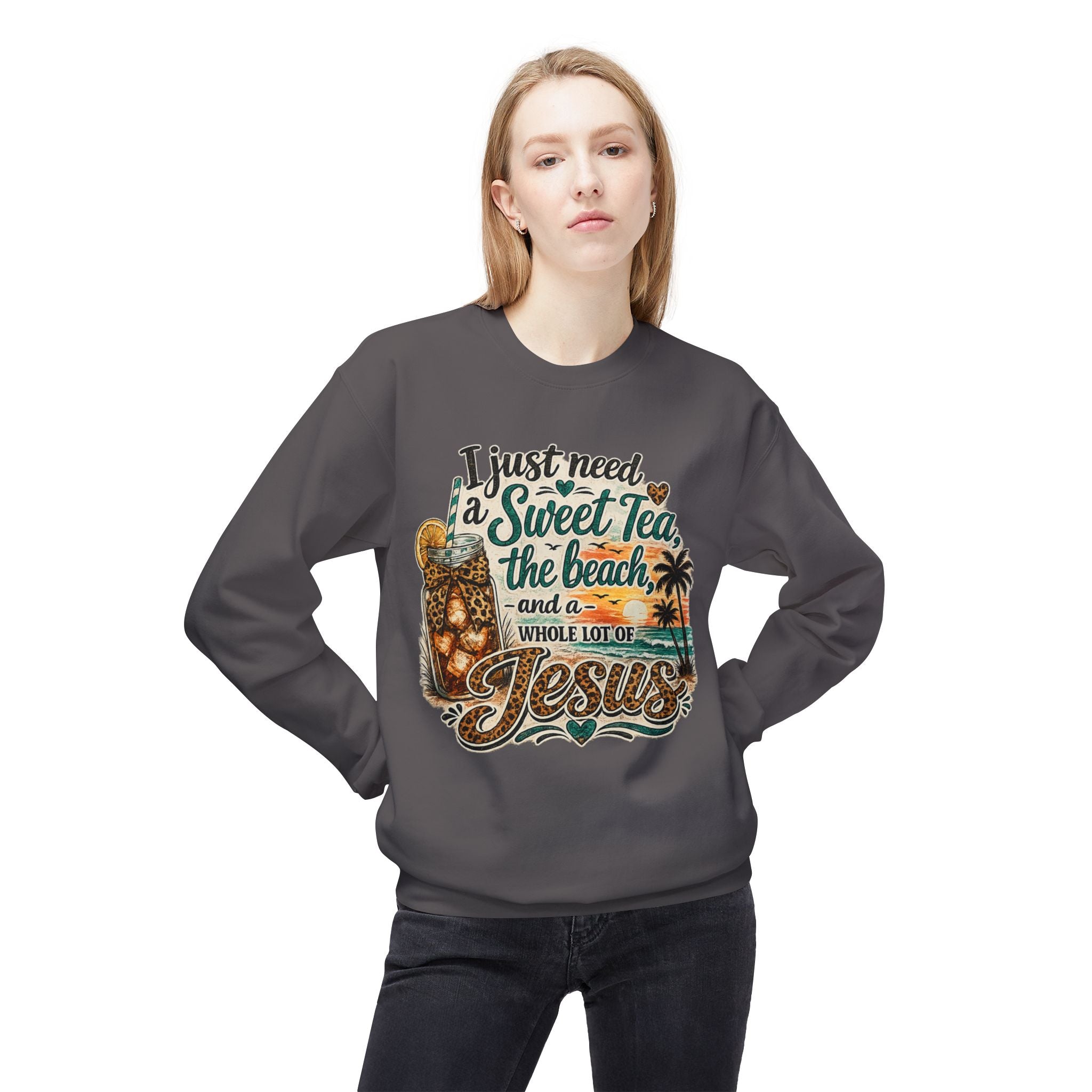 I Just Need Sweet Tea the Beach and a Whole Lot of Jesus Sweatshirt | Beach Faith Crewneck