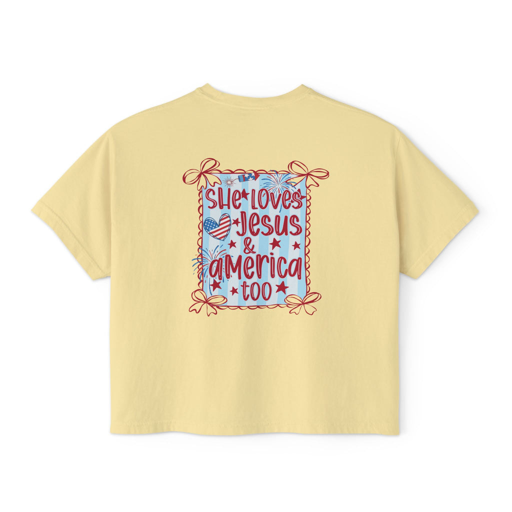 She Loves Jesus & America Too Boxy Tee — Patriotic Christian Women's Crop Shirt