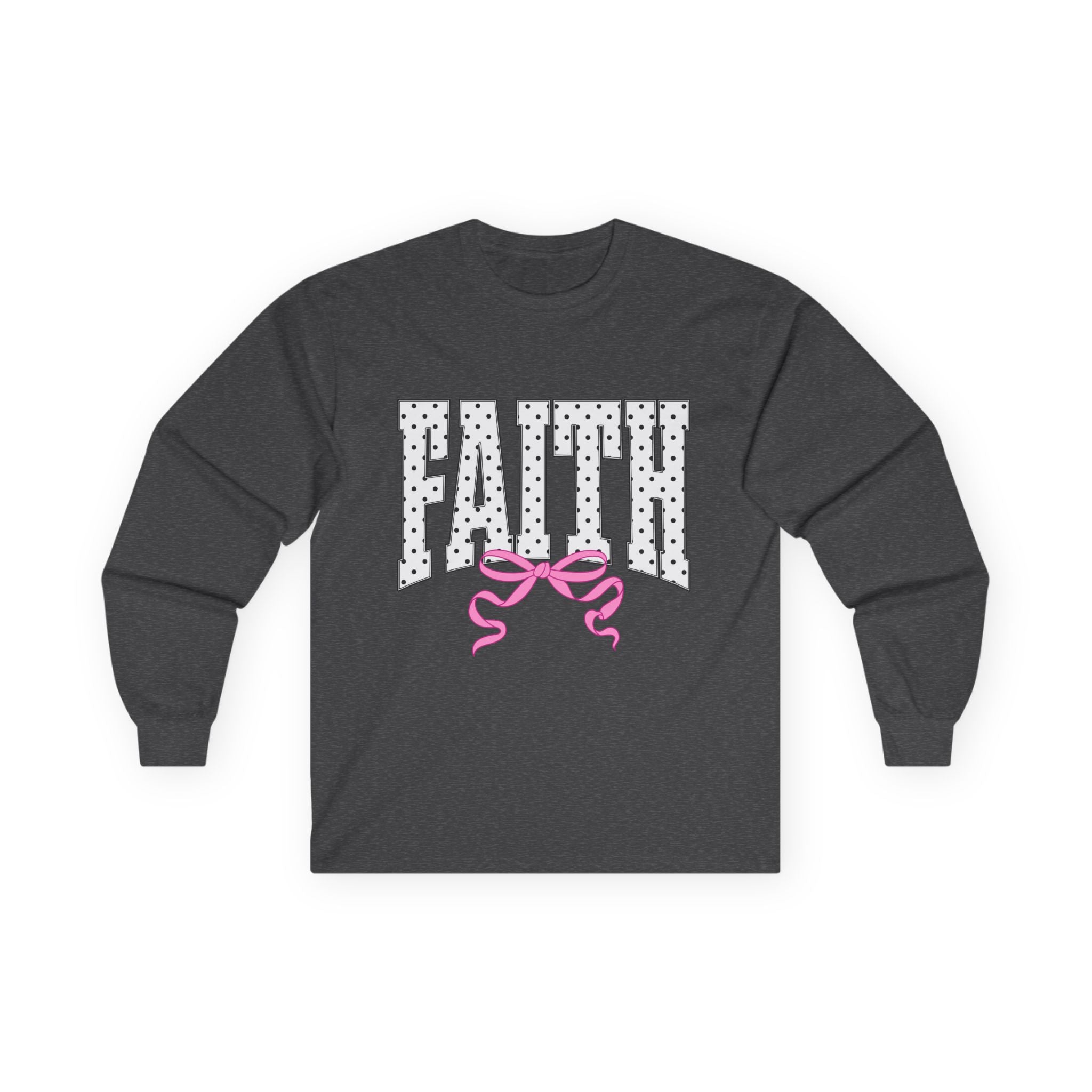 Faith Long Sleeve Tee — Polka Dot Faith Graphic with Pink Bow