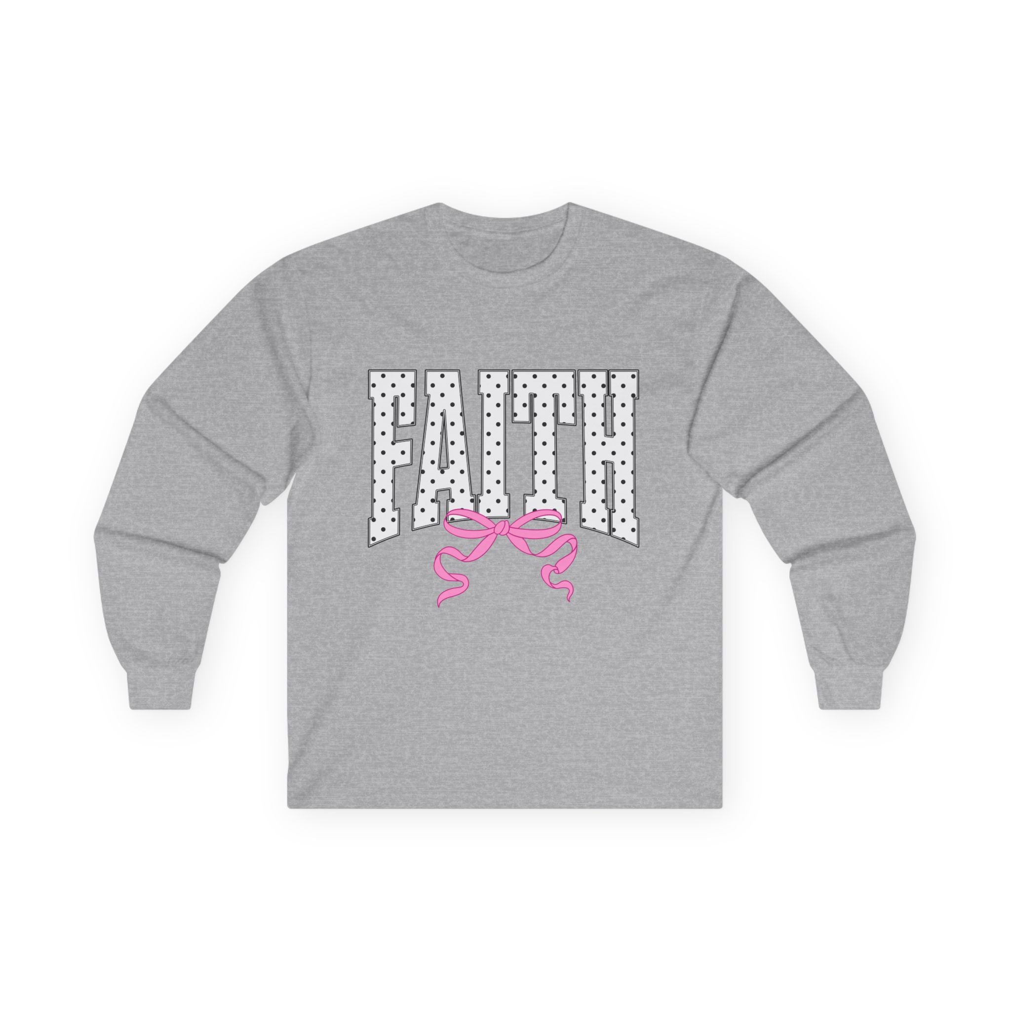 Faith Long Sleeve Tee — Polka Dot Faith Graphic with Pink Bow