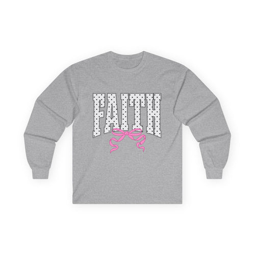 Faith Long Sleeve Tee — Polka Dot Faith Graphic with Pink Bow