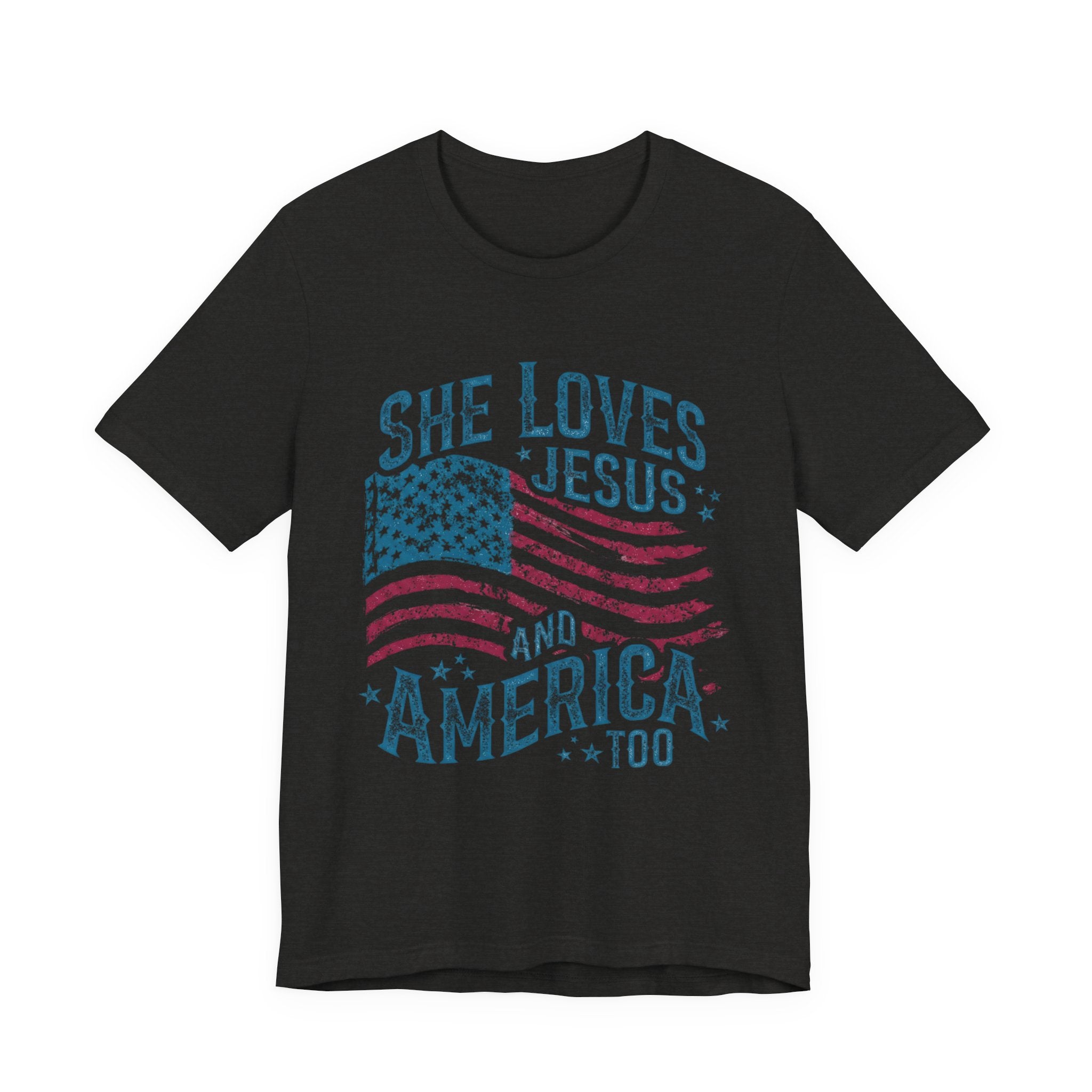 She Loves Jesus and America Tee | American Flag Patriotic Religious Shirt