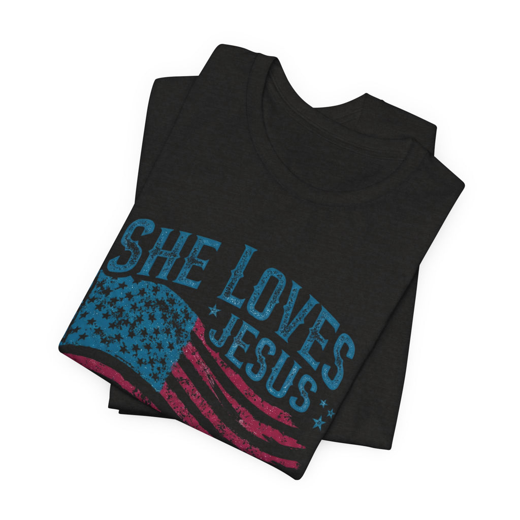 She Loves Jesus and America Tee | American Flag Patriotic Religious Shirt