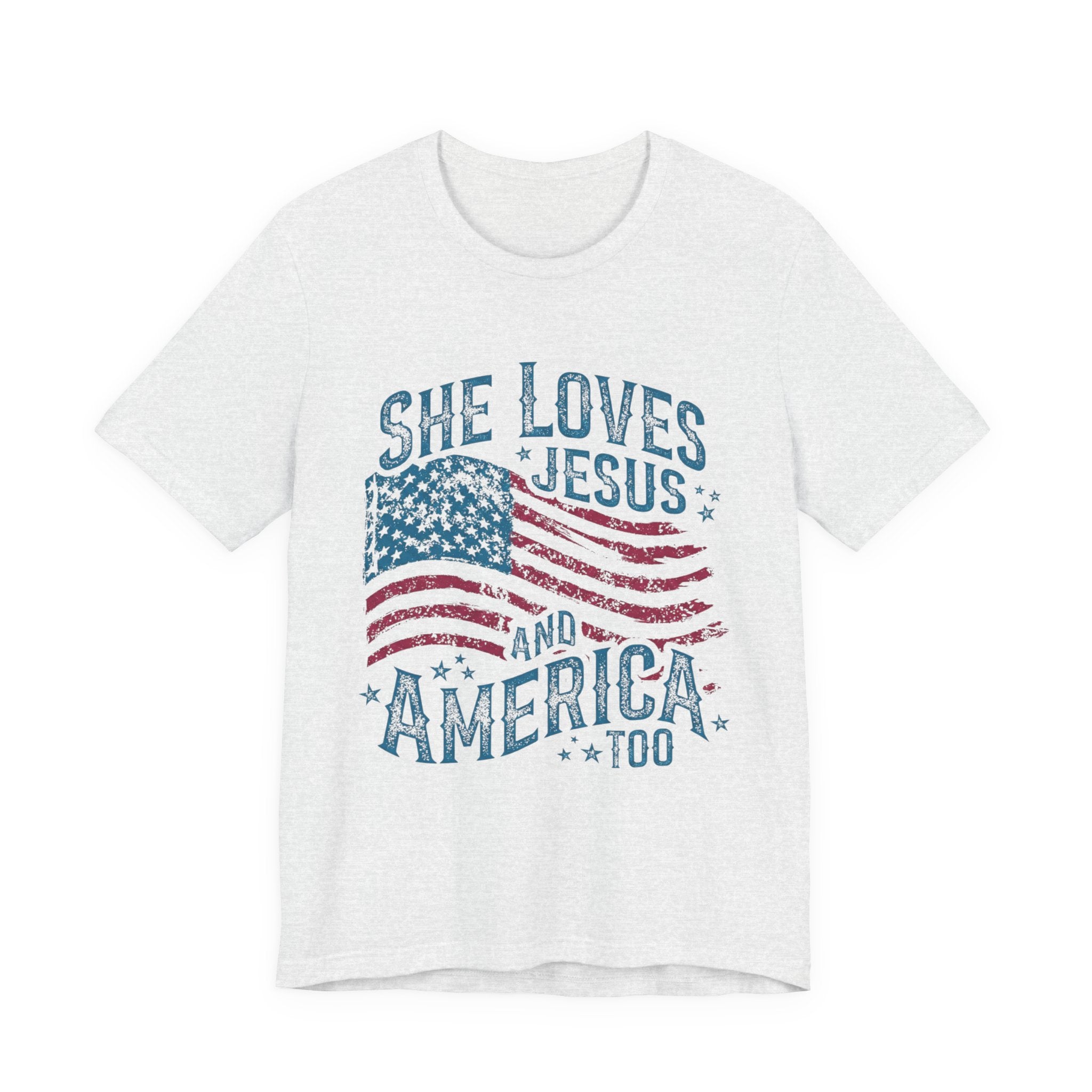 She Loves Jesus and America Tee | American Flag Patriotic Religious Shirt