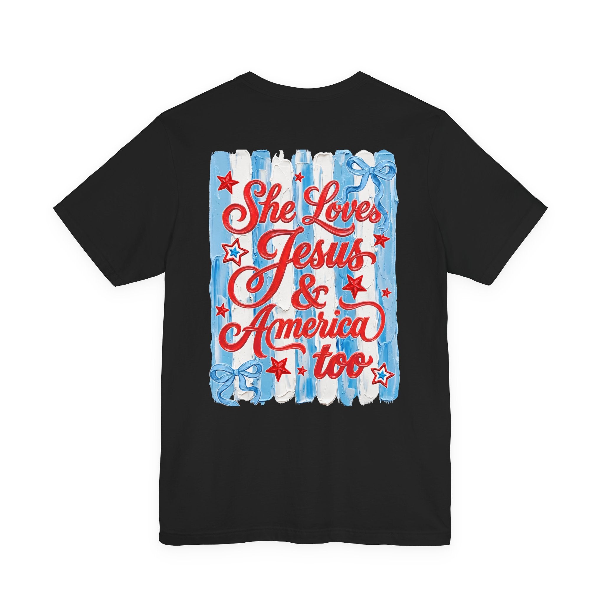 She Loves Jesus & America Too Tee — Patriotic Christian Graphic T-Shirt